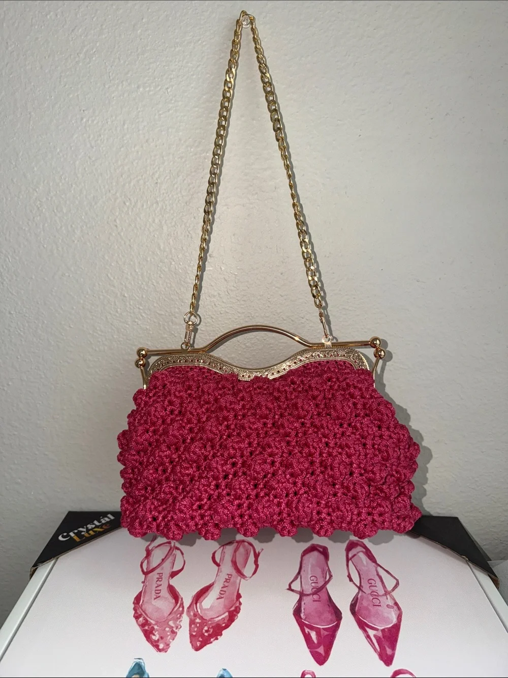 Pink Crochet Evening Clutch with Gold Chain Handle